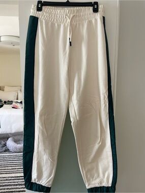 Zara Cream Track Pants with Dark Green Side Panels